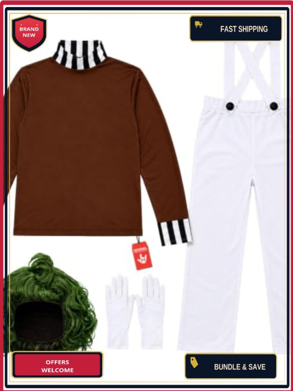 Men's Chocolate Factory Worker Costume Dungarees Wig Gloves